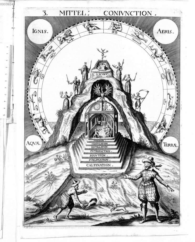 Apoteosi Incisione del 1620 con lepre alchemica e montagna sacra
